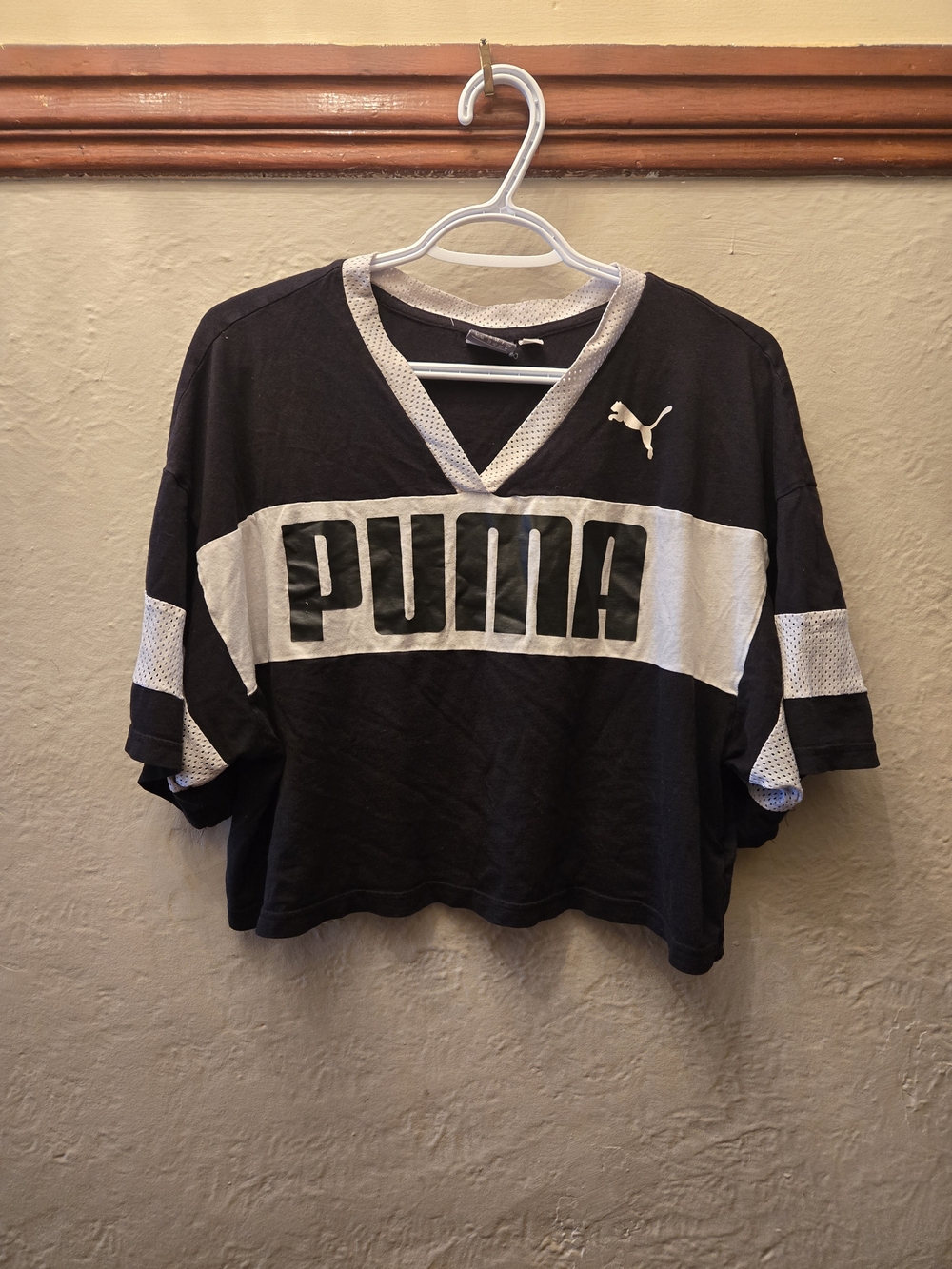 Y2K Puma Cropped Jersey Tee Black White Sporty Streetwear Oversized Boxy Top - Picture 2 of 11